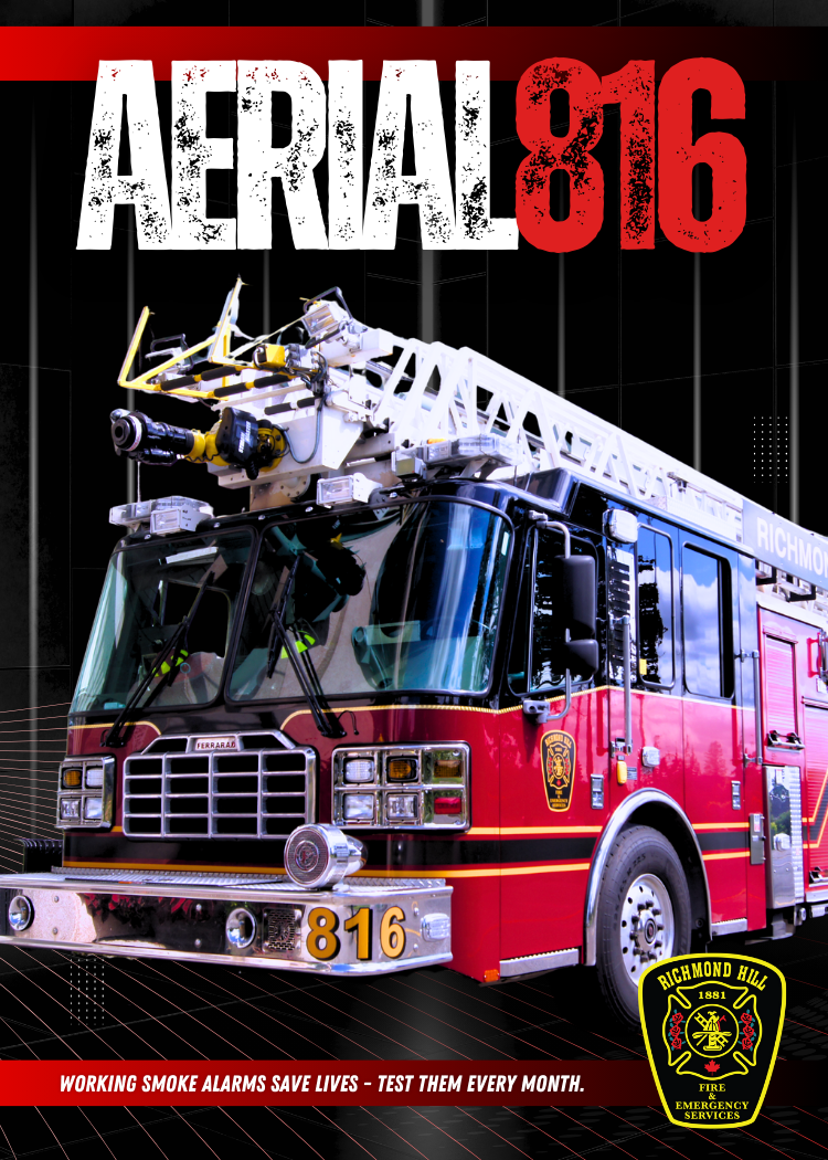 Black background with close up photo of an aerial fire truck